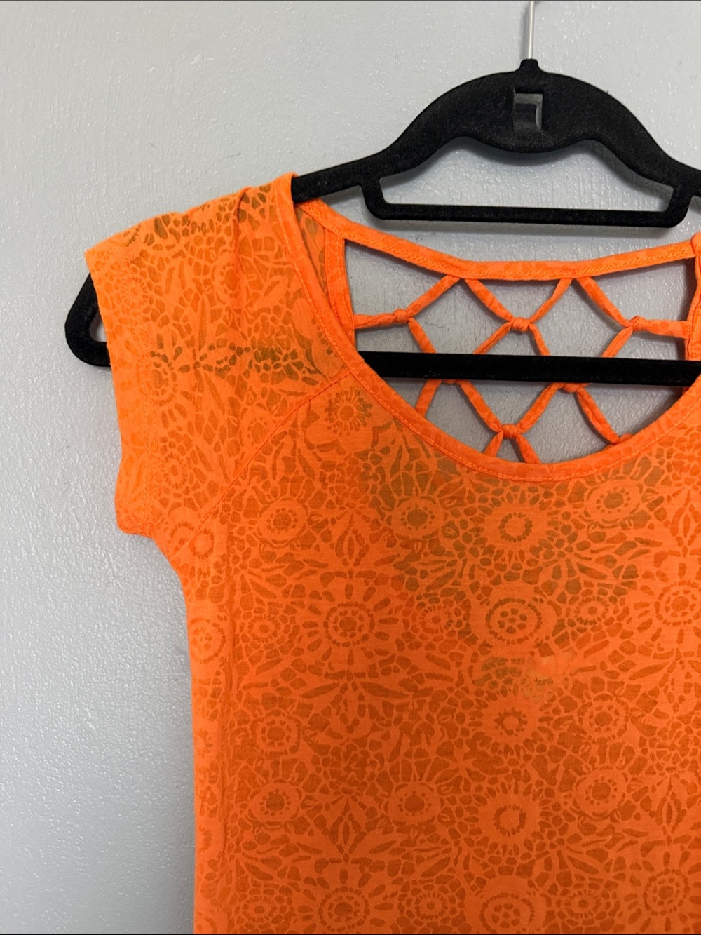 Derek Heart Boho Floral Strappy Lattice Back Sheer Orange Lace Tee S - Picture 2 of 9